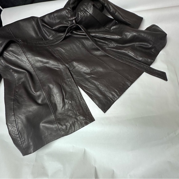 Vintage Long Leather Real Fur Collar Coat Dark Brown Womens Medium - Picture 4 of 12